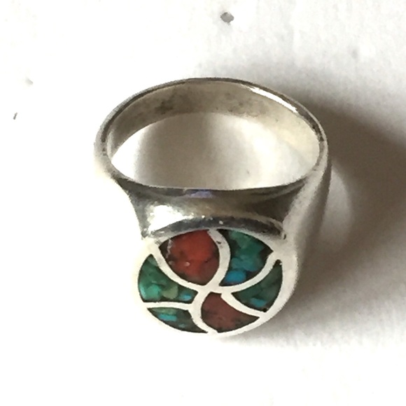 Native American Turquoise Coral Ring Sterling 925 - Picture 3 of 6